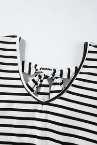 White Stripe Butterfly Sleeve V Neck Hollowed Knot Back T Shirt