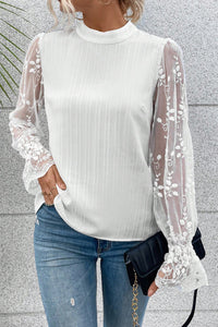 White Contrast Lace Sleeve Mock Neck Textured Blouse