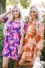 Load image into Gallery viewer, Purple Flower Print Short Puff Sleeve Ruffled Dress
