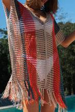 Load image into Gallery viewer, Multicolor Striped Tassel Crochet V Neck Beach Cover Up
