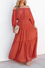 Load image into Gallery viewer, Orange Off Shoulder Balloon Sleeve Cutout Ruffled Maxi Dress
