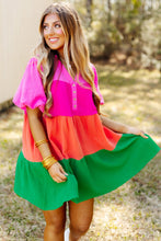 Load image into Gallery viewer, Color Block Tiered Puff Sleeve Dress
