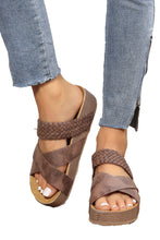 Load image into Gallery viewer, Brown Braided Detail Criss Cross Platform Sandals
