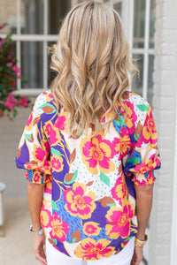 Floral Fantasy Bubble Sleeve Blouse