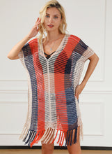 Load image into Gallery viewer, Multicolor Striped Tassel Crochet V Neck Beach Cover Up
