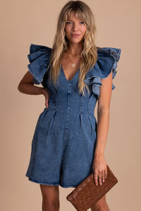 Denim Ruffle Sleeve Romper