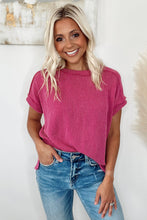 Load image into Gallery viewer, Rose Red Textured Knit Exposed Stitching T-shirt

