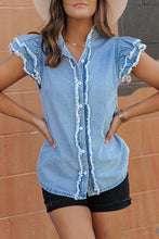 Load image into Gallery viewer, Beau Blue Button Front Ruffled Flutter Frayed Denim Top
