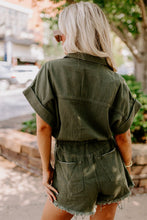 Load image into Gallery viewer, Moss Green Distressed Frayed Denim Romper
