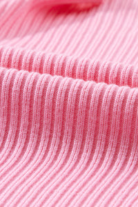 Pink Patch Pocket Ribbed Knit Short Sleeve Sweater