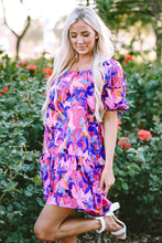 Load image into Gallery viewer, Purple Flower Print Short Puff Sleeve Ruffled Dress
