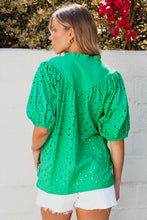 Load image into Gallery viewer, Green Flower Embroidered Hollow-out Puff Sleeve Blouse
