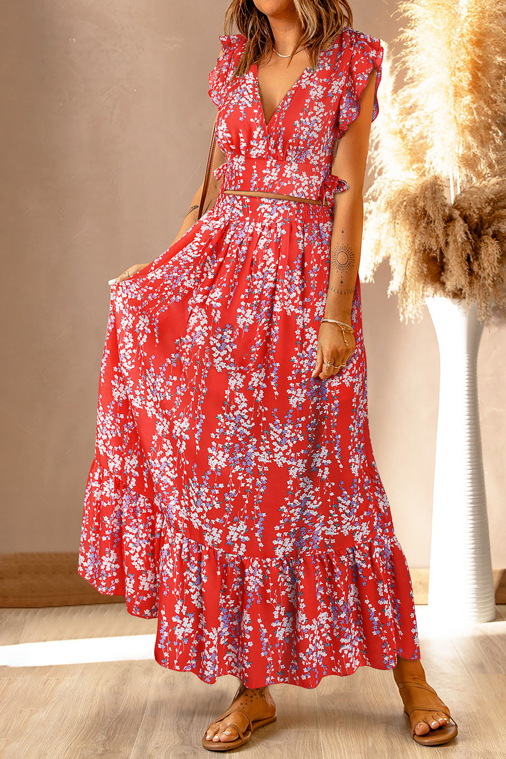 Red Floral Top and Maxi Skirt Set