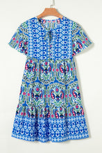 Load image into Gallery viewer, Sky Blue Bohemian Print Tie Neck Ruffle Hem Short Dress
