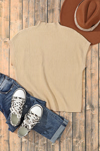 Tan Ribbed Knit Short Sleeve Sweater