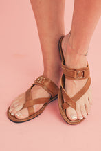 Load image into Gallery viewer, Chestnut Cross Toe Metal Buckle Leathered Flat Slippers
