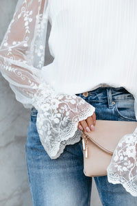 White Contrast Lace Sleeve Mock Neck Textured Blouse