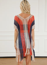 Load image into Gallery viewer, Multicolor Striped Tassel Crochet V Neck Beach Cover Up
