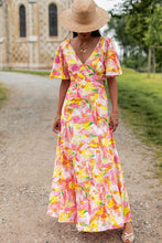 Load image into Gallery viewer, Flutter Sleeve Cut out Floral Maxi Dress
