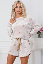 Load image into Gallery viewer, White Plush Star Pattern Long Sleeve Pullover and Shorts Lounge Set
