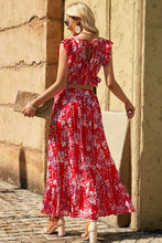 Load image into Gallery viewer, Red Floral Ruffled Crop Top and Maxi Skirt Set
