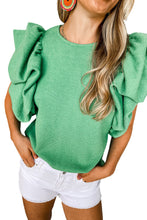 Load image into Gallery viewer, Green Ribbed Knit Puffy Ruffle Sleeve Blouse
