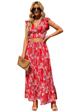 Load image into Gallery viewer, Red Floral Ruffled Crop Top and Maxi Skirt Set
