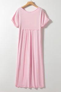 Pink V Neck Hidden Pocket Splits Maxi T-shirt Dress