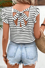 Load image into Gallery viewer, White Stripe Butterfly Sleeve V Neck Hollowed Knot Back T Shirt
