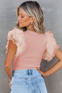 Pink Dot Mesh Ruffle Knit Top