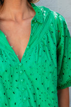 Load image into Gallery viewer, Green Flower Embroidered Hollow-out Puff Sleeve Blouse
