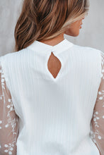 Load image into Gallery viewer, White Contrast Lace Sleeve Mock Neck Textured Blouse
