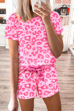 Load image into Gallery viewer, Pink Leopard Print Tee and Satin Tie Shorts Lounge Set
