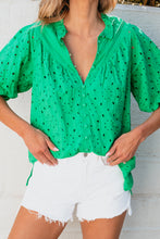 Load image into Gallery viewer, Green Flower Embroidered Hollow-out Puff Sleeve Blouse
