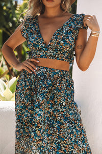 Green Floral Crop Top and Maxi Skirt Set