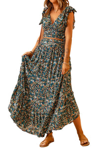 Green Floral Crop Top and Maxi Skirt Set