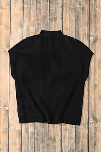 Black Ribbed Knit Short Sleeve Sweater