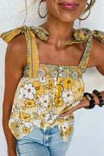 Load image into Gallery viewer, Yellow Floral Patchwork Tied Straps Buttoned Tank Top
