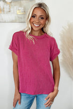 Load image into Gallery viewer, Rose Red Textured Knit Exposed Stitching T-shirt
