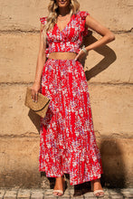 Load image into Gallery viewer, Red Floral Ruffled Crop Top and Maxi Skirt Set
