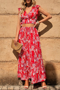 Red Floral Ruffled Crop Top and Maxi Skirt Set