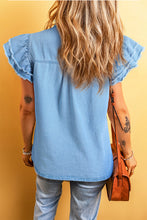 Load image into Gallery viewer, Beau Blue Button Front Ruffled Flutter Frayed Denim Top
