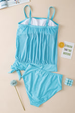 Load image into Gallery viewer, Turquoise Striped Mesh Knotted Hem Tankini Swimsuit

