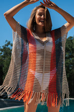 Load image into Gallery viewer, Multicolor Striped Tassel Crochet V Neck Beach Cover Up
