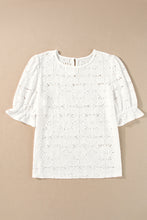 Load image into Gallery viewer, White Flower Eyelet Jacquard Keyhole Flounce Sleeve Top
