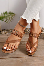 Load image into Gallery viewer, Chestnut Cross Toe Metal Buckle Leathered Flat Slippers
