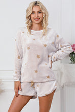 Load image into Gallery viewer, White Plush Star Pattern Long Sleeve Pullover and Shorts Lounge Set
