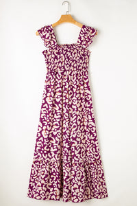Rose Leopard Ruffle Straps Smocked High Waist Long Dress