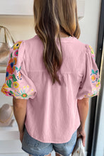 Load image into Gallery viewer, Pink Floral Embroidered Puff Sleeve Split Neck Blouse
