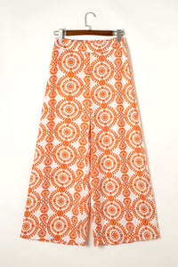 Orange Boho Retro Flower Print Wide Leg Pants